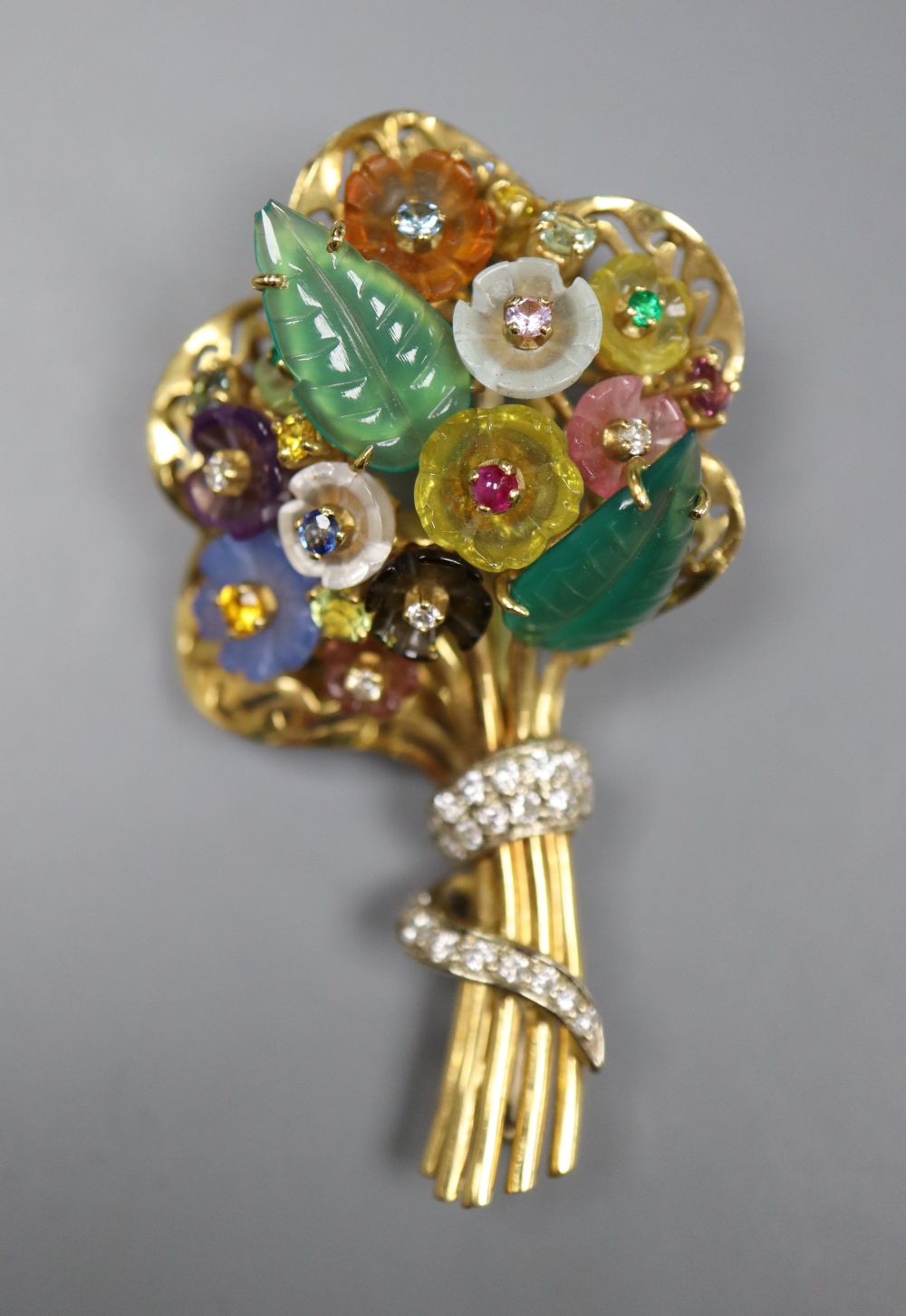 A modern Italian Santagostino 750 and multi gem set stylised flower bouquet brooch, 55mm, gross 18.5 grams.